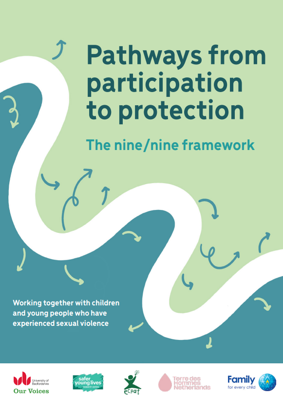 Front cover of briefing with title and green and blue background