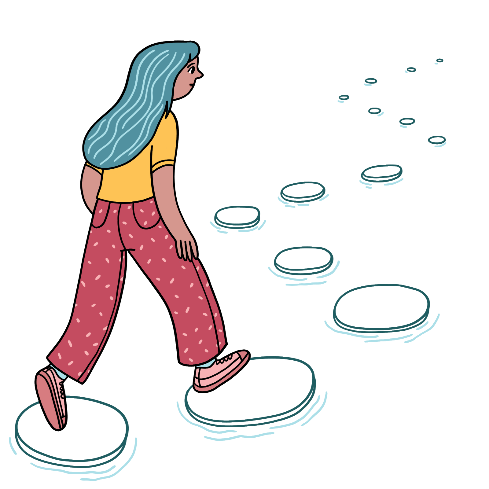 An image of a young woman walking on stepping stones