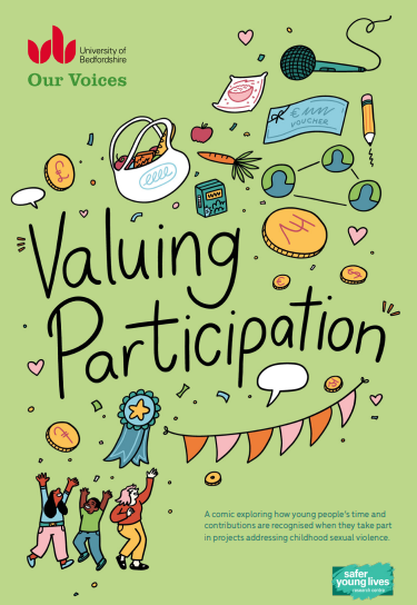 Green front cover of the valuing participation comic with illustrations of items including money and vouchers