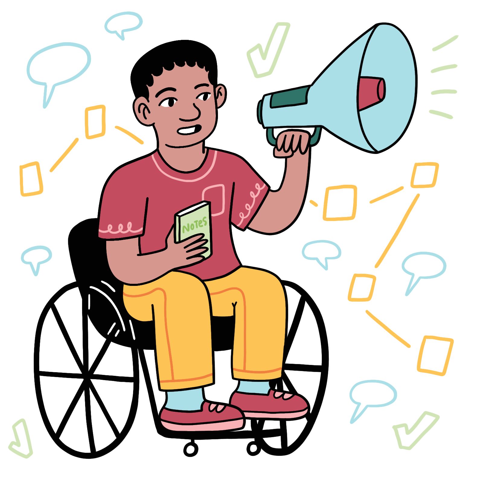 An illustration of a young man in a wheelchair holding a megaphone