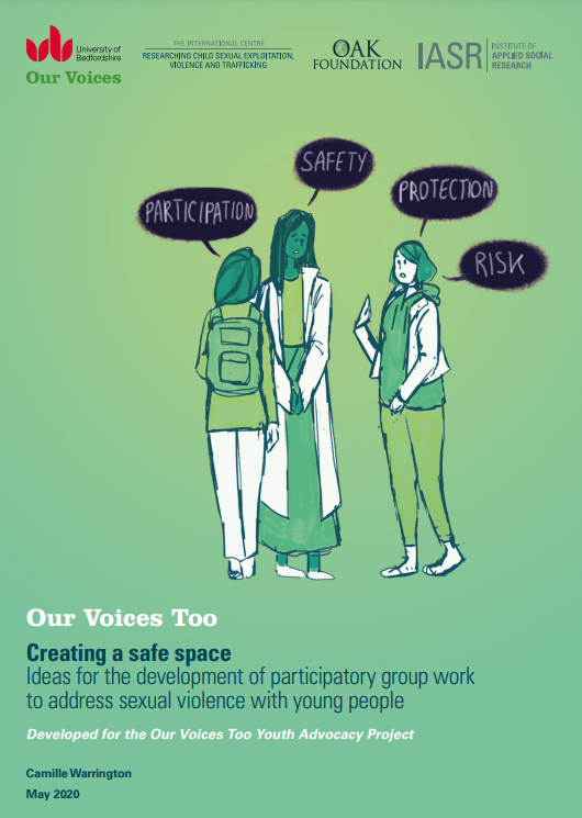 Illustrations of young people with speech bubbles on safety and participation
