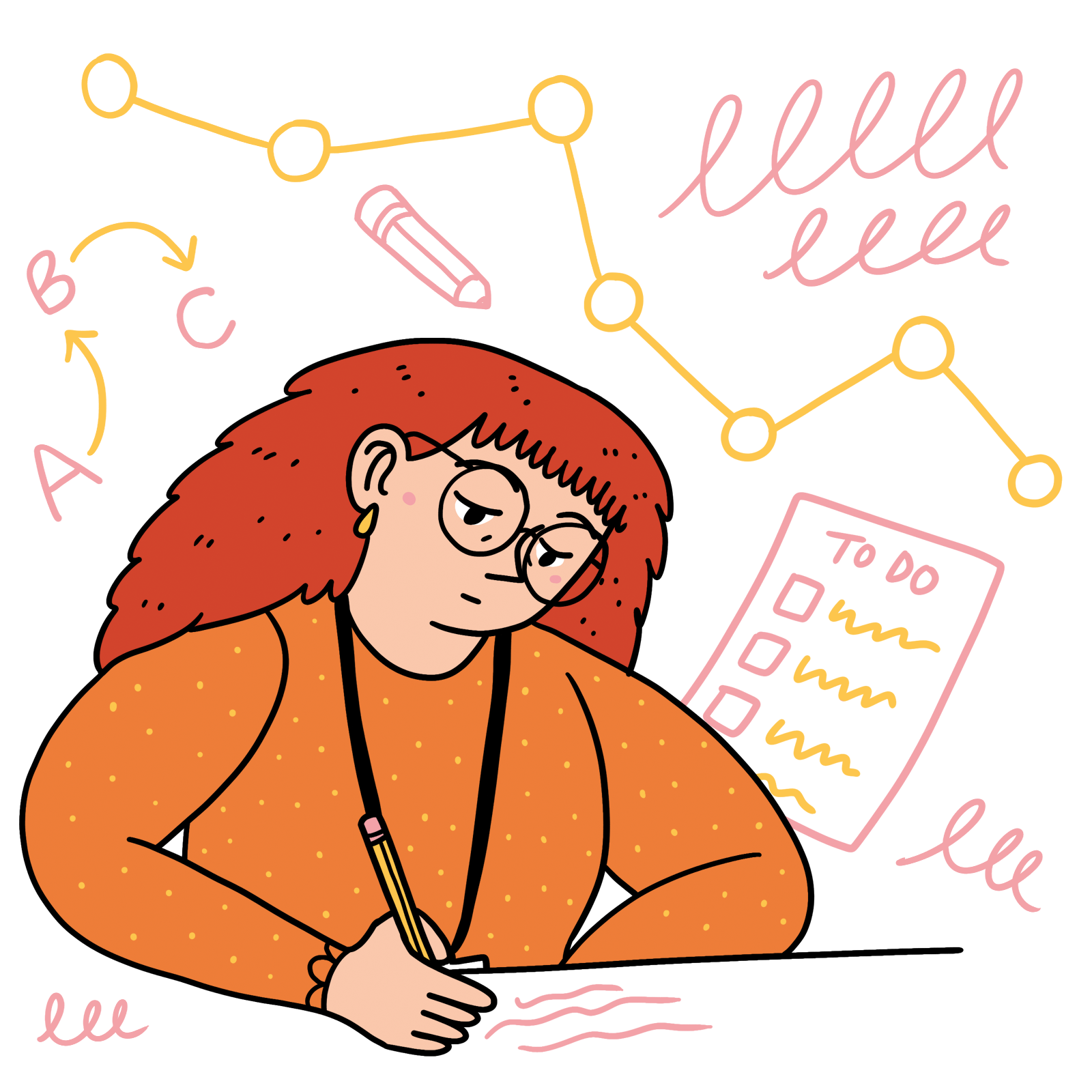 An image of a practitioner with red hair and glasses, writing with a pencil with a to do list in the background