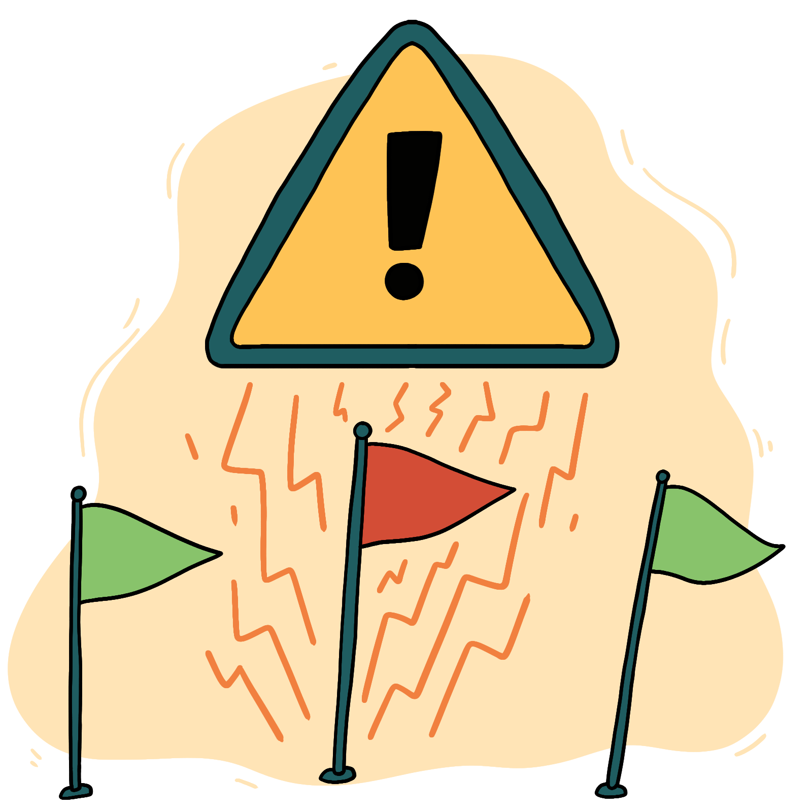 An illustration of a warning sign with a red flag in between two green flags