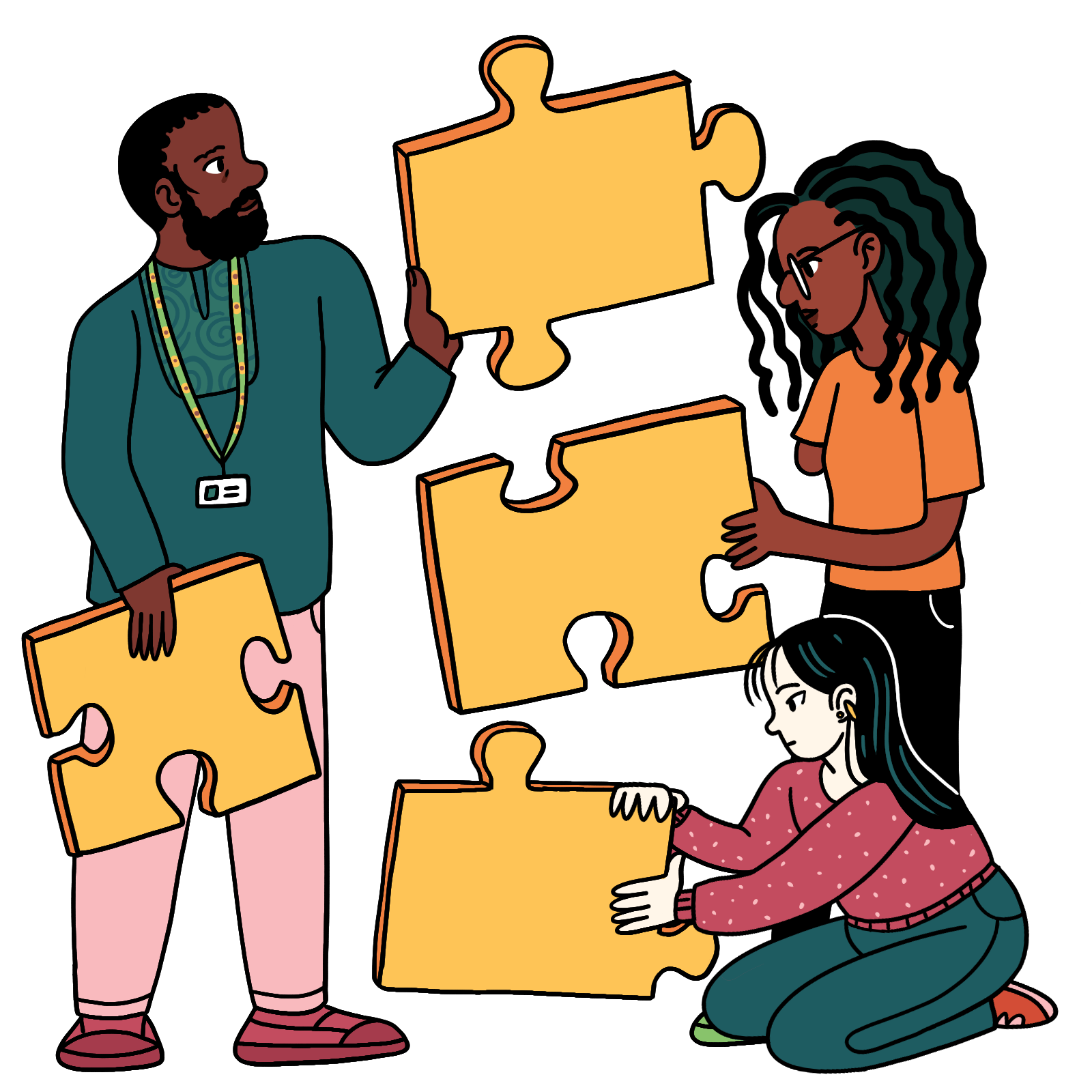 An image of three people working together each holding pieces of yellow jigsaw