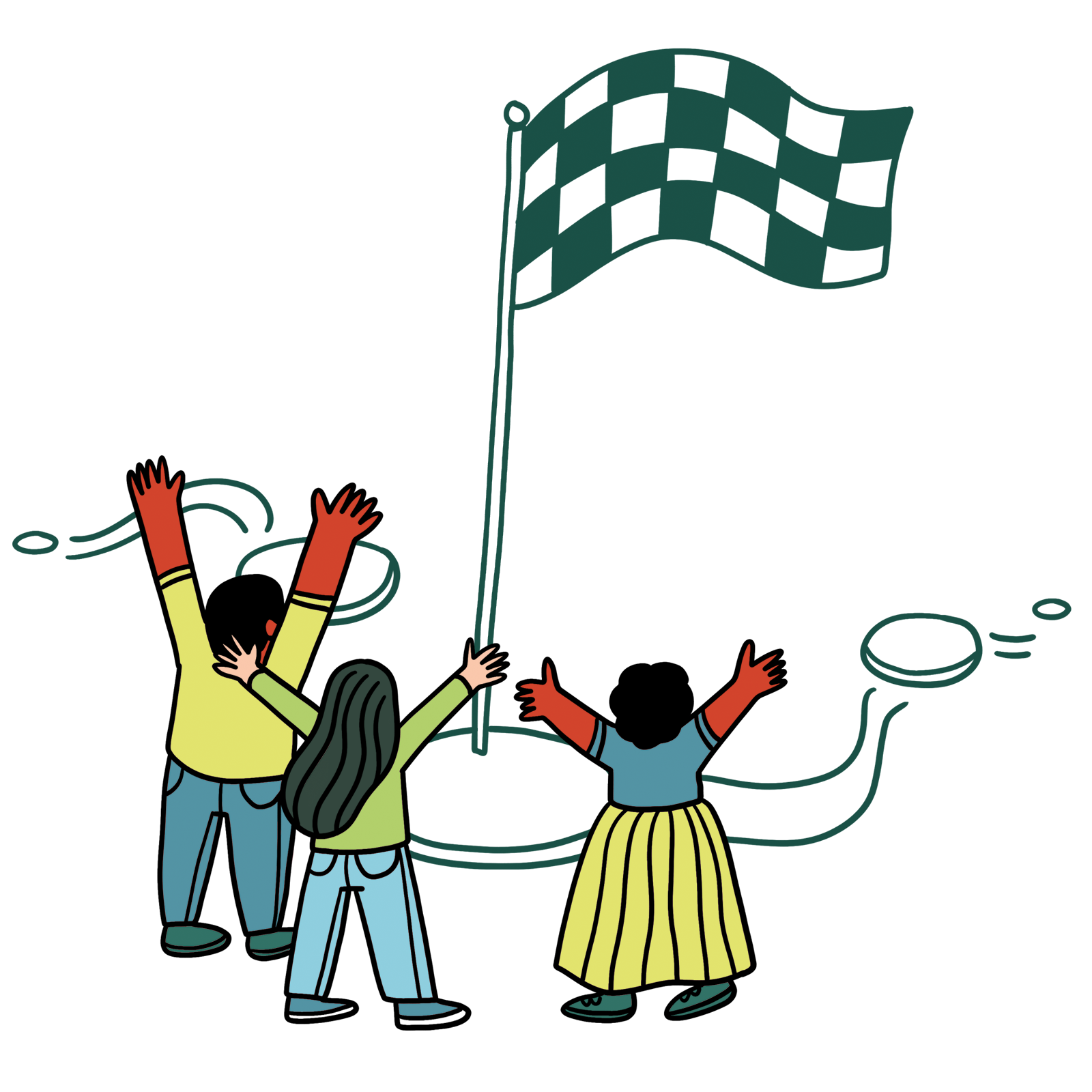 An image of three people cheering at a finish line waving a chequered flag