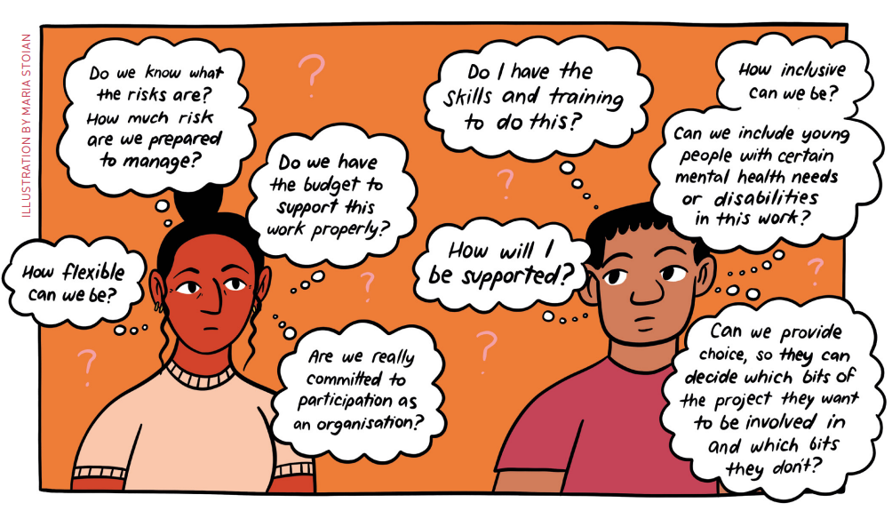 An image of two practitioners asking themselves questions such as 'how flexible can we be?'.