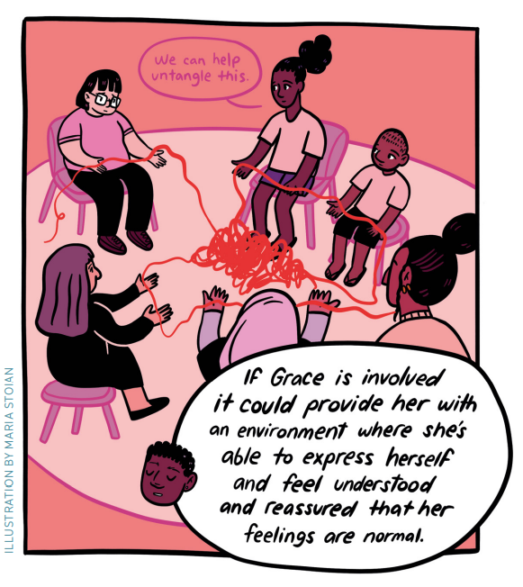 A group of young people sitting in a circle all untangling one of the young person's problems