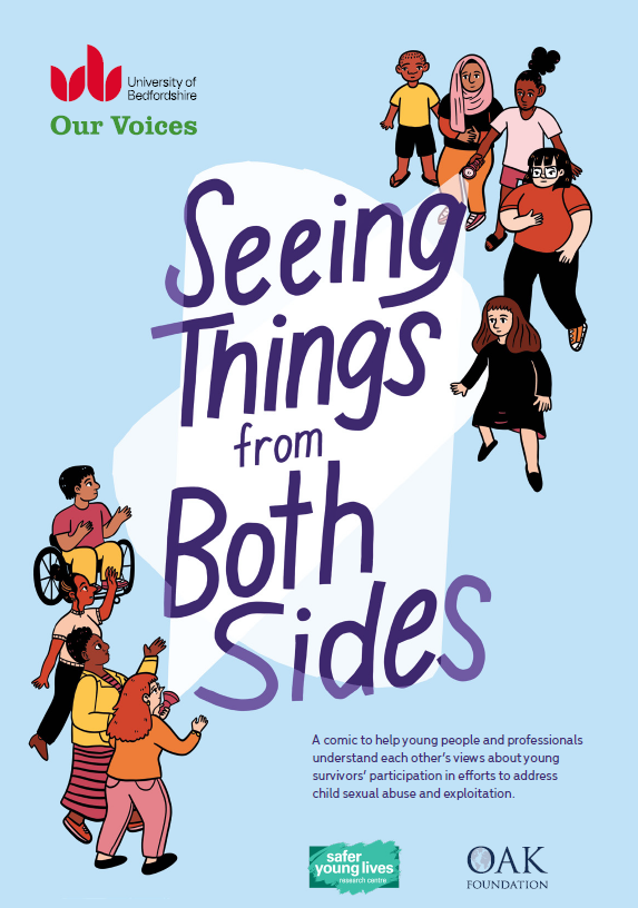 Comic illustration of young people and practitioners shining a light on the title