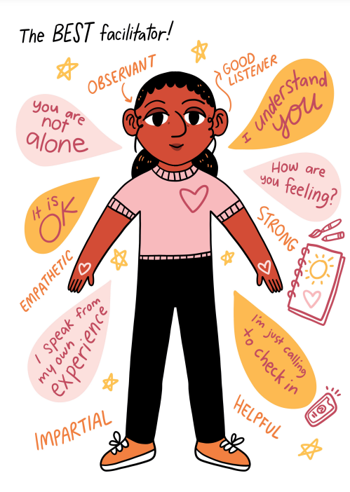 A picture of a person or paper doll describing skills and qualities of a good facilitator
