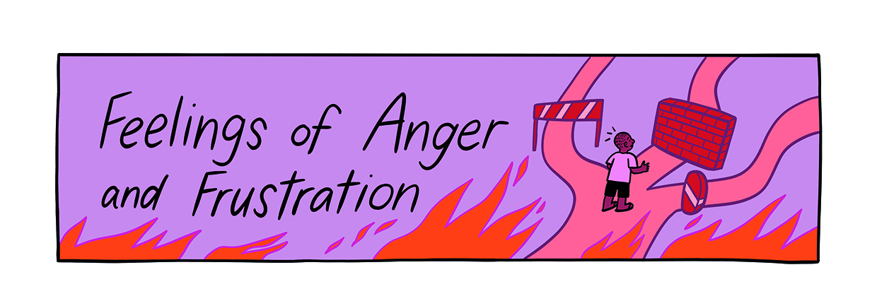 A purple background with orange fire and a young person facing barriers and blocks