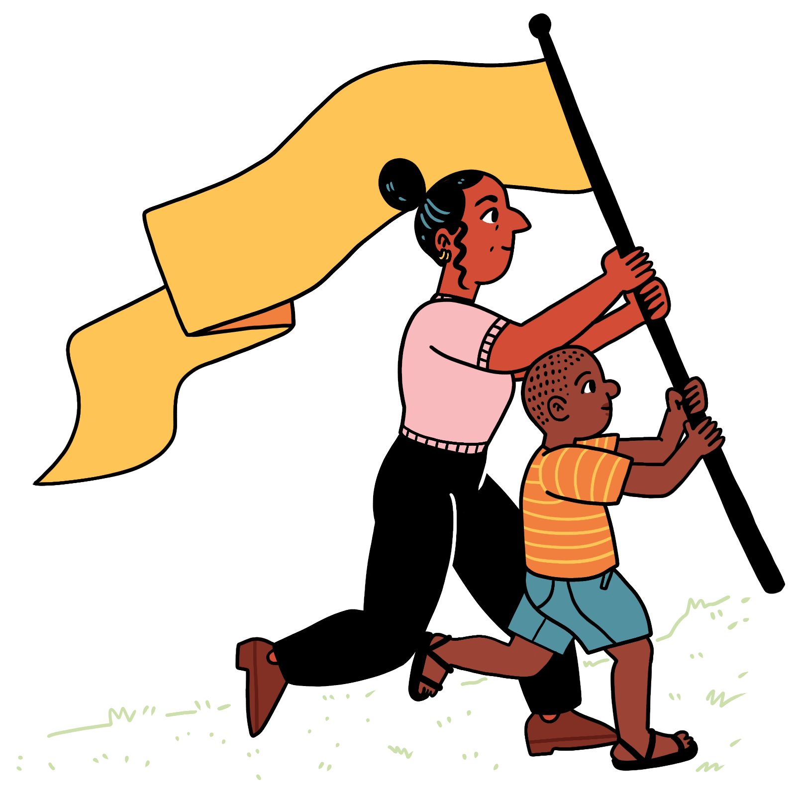 An image of an adult and a child holding a yellow flag.
